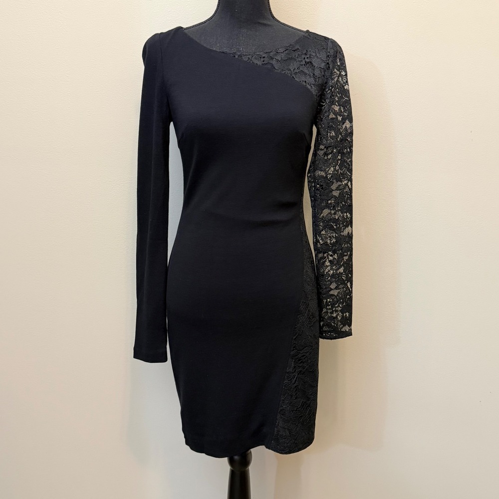 Trina Turk Black Asymmetrical Lace Long Sleeve Sheath Dress Womens 0 Whimsigoth